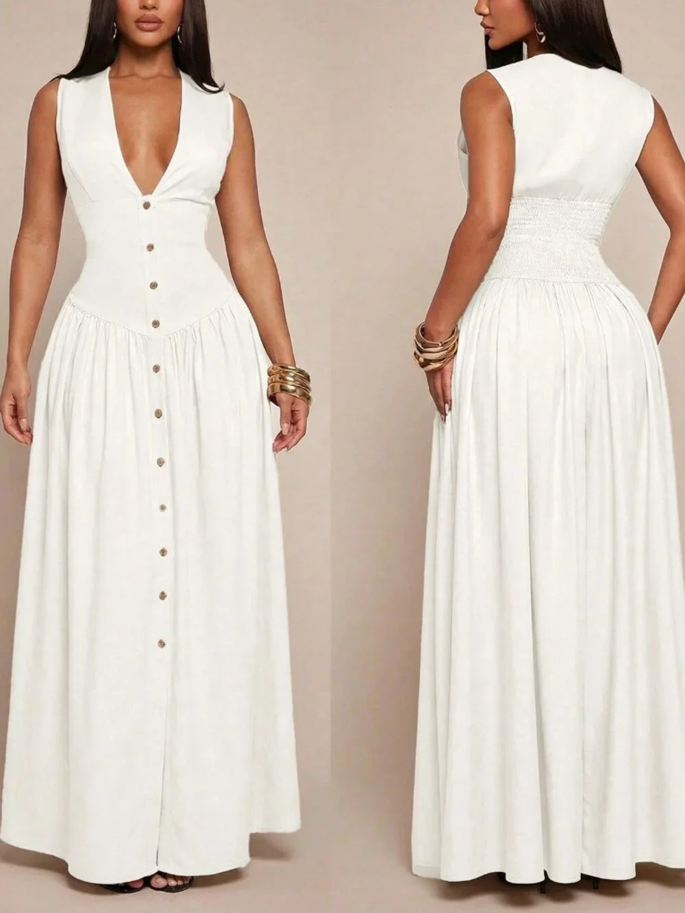 White Minimalist V-Neck Women's Linen-Blend Cinched Waist Shirt Dress - Picture 6 of 7